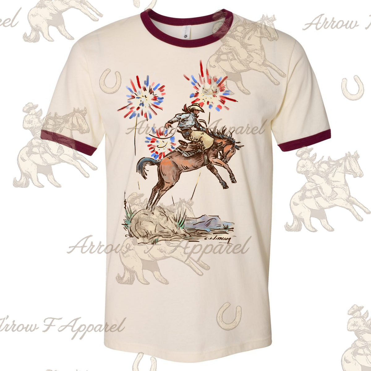 Fireworks Bronc Rider| Western Graphic Ringer Tee (Maroon)
