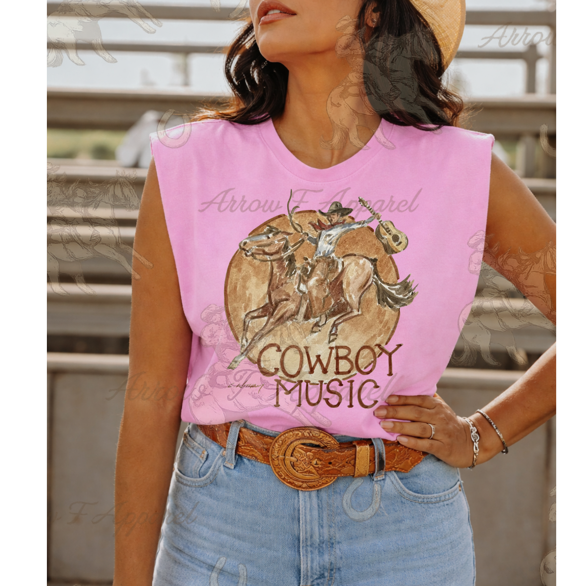 Cowboy Music| Western Graphic Muscle Tank (Faded Pink)