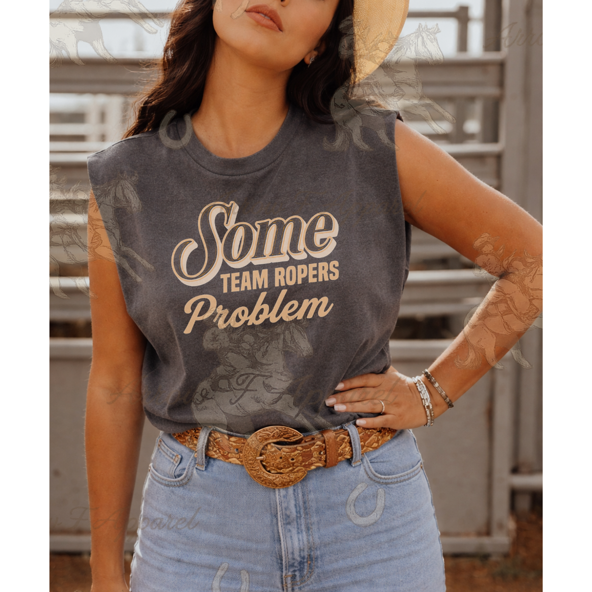Some Team Ropers Problem| Western Graphic Muscle Tank (Faded Black)