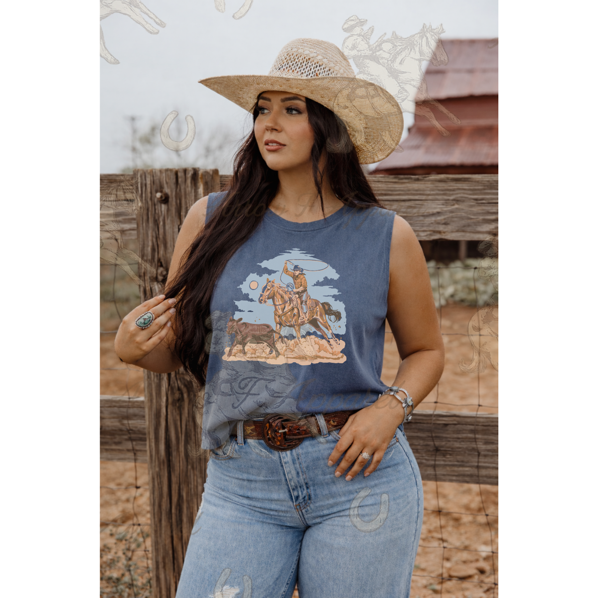 High Desert Calf Roper| Western Graphic Muscle Tank (Faded Navy)