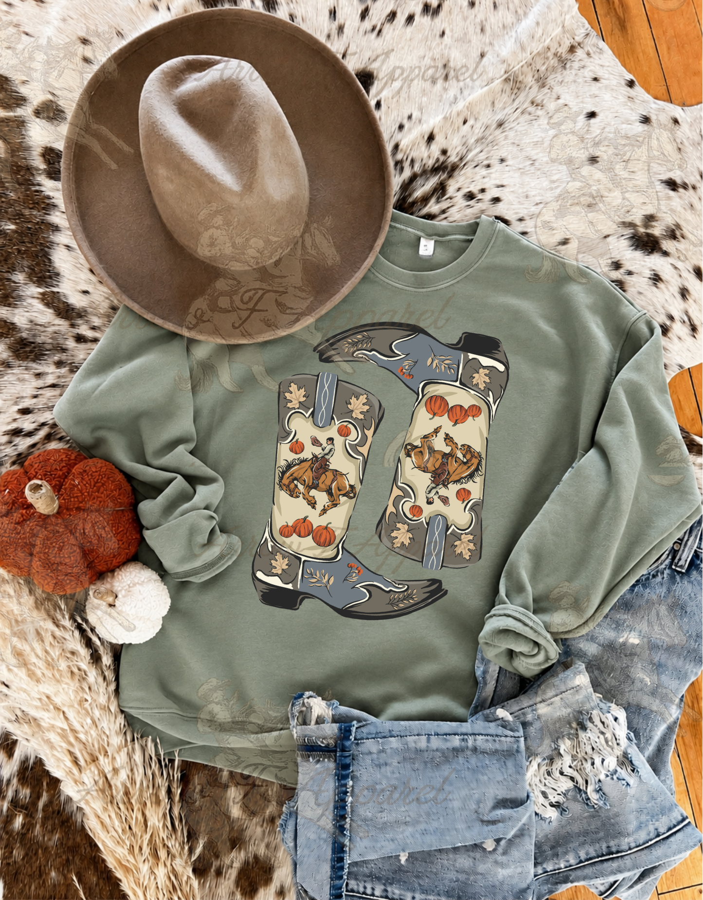 Bronc Pumpkin Boots Graphic Tee or Sweatshirt(Sage)