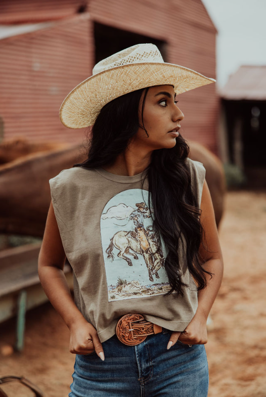 Cody Up Down| Western Graphic Muscle Tank (Faded Brown)