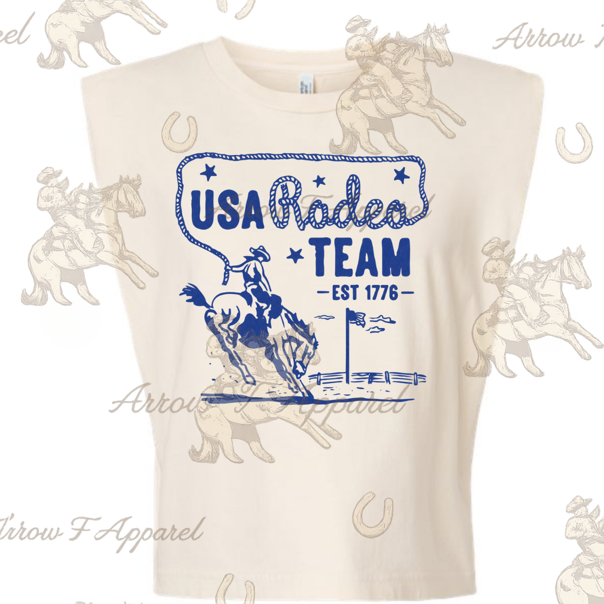 USA Rodeo Team Blue| Western Graphic Muscle Tank (Faded Cream)