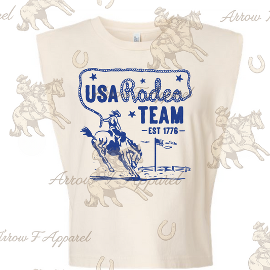 USA Rodeo Team Blue| Western Graphic Muscle Tank (Faded Cream)