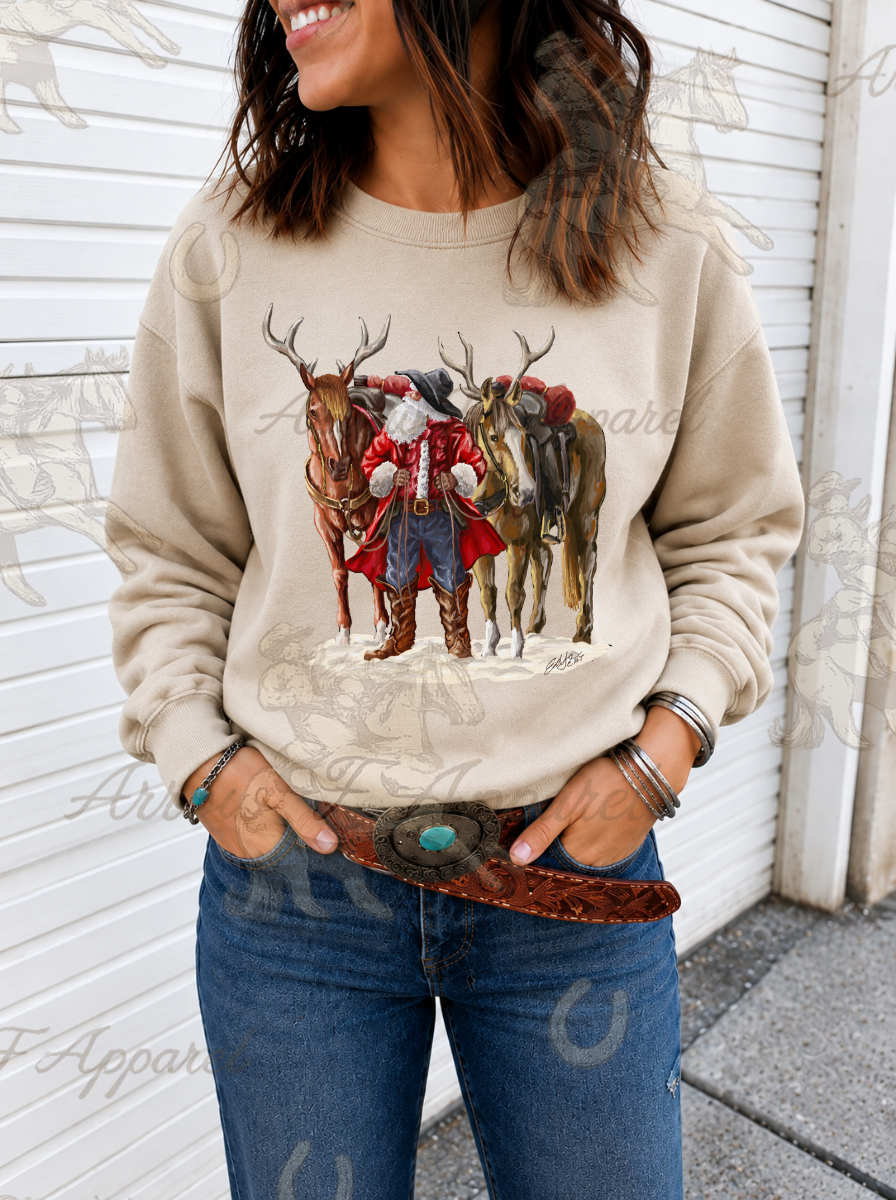Cowboy Santa & His Reindeer Horses Sweatshirt or Tee(Sand)