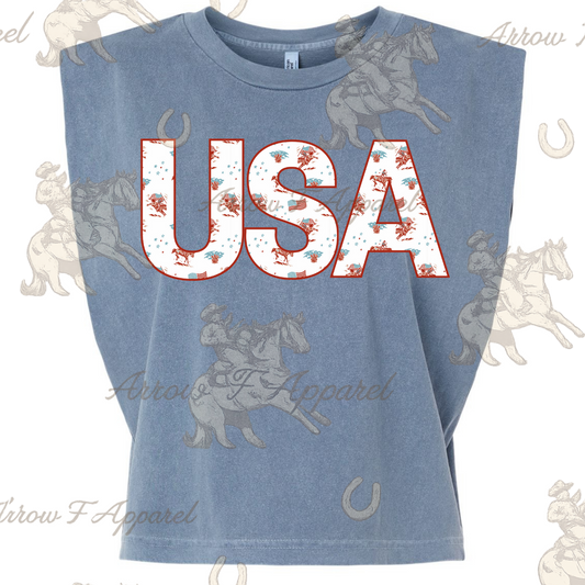 USA Western Print| Western Graphic Muscle Tank (Faded Navy)