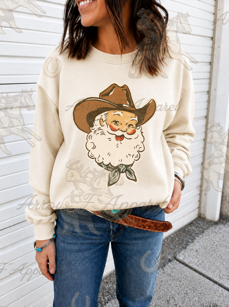 Cowboy Santa Vintage Green Bandana Sweatshirt or Tee(Cream)