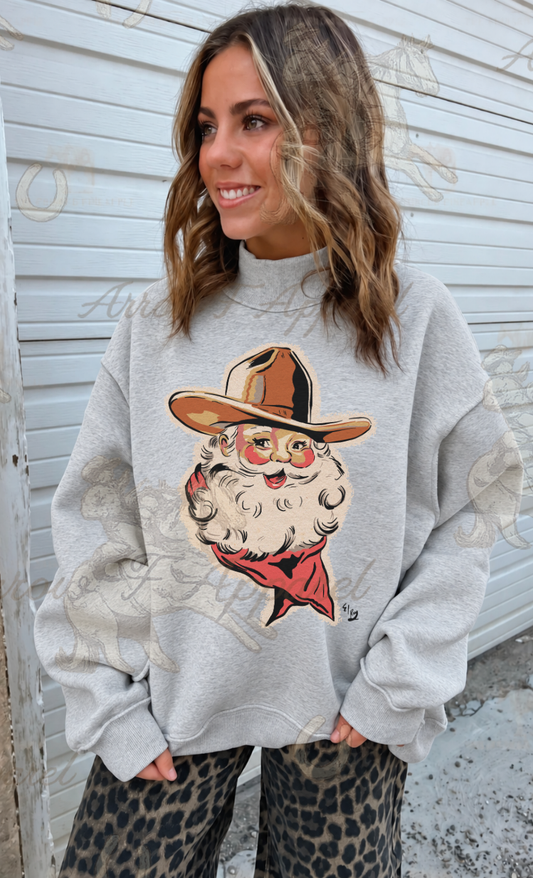 Cowboy Santa Christmas Mock Neck Sweatshirt(Heather Grey)