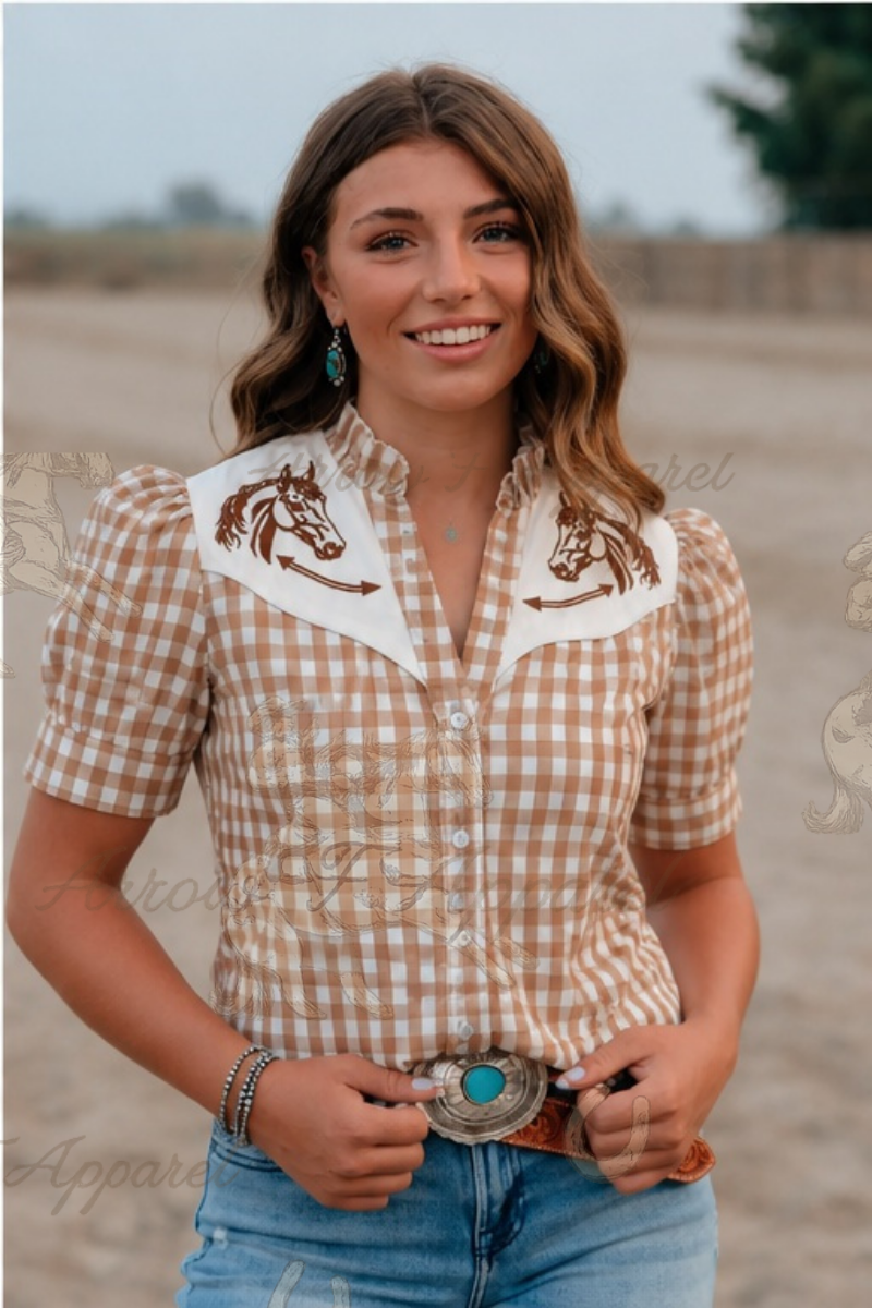 Horse Smiley Blouse Gingham Stripes | TFP2710
