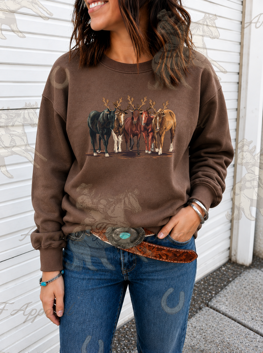 Reindeer Horses Sweatshirt or Tee(Cocoa)