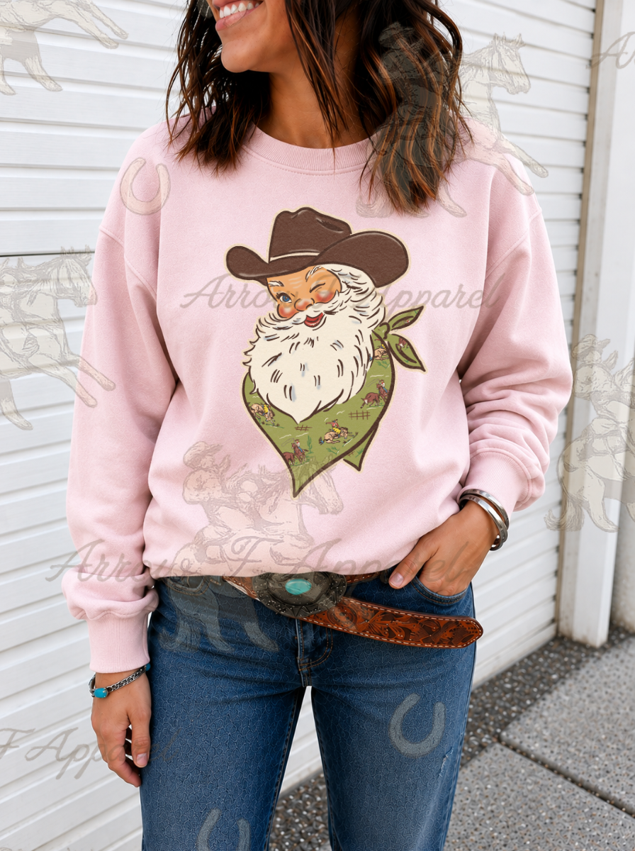 Jolly Ole' Western Santa Sweatshirt or Tee(Light Pink)