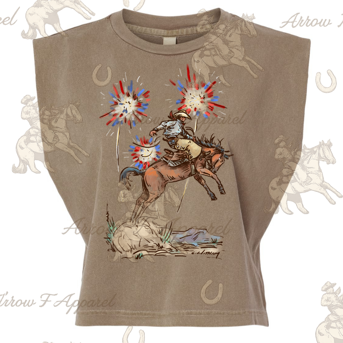 Fireworks Bronc Rider| Western Graphic Muscle Tank (Faded Brown)
