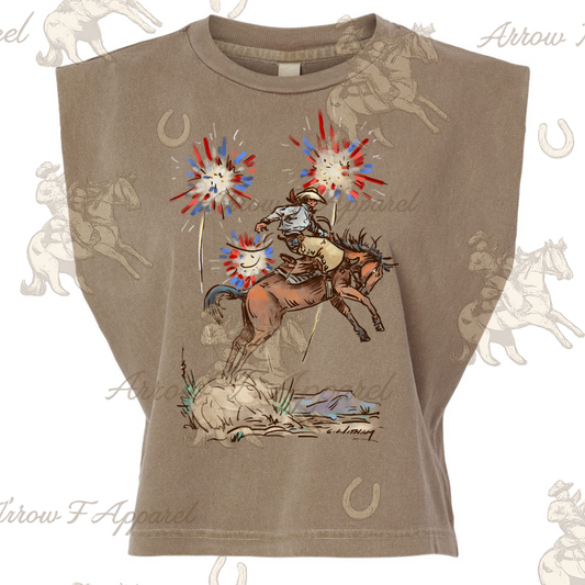 Fireworks Bronc Rider| Western Graphic Muscle Tank (Faded Brown)
