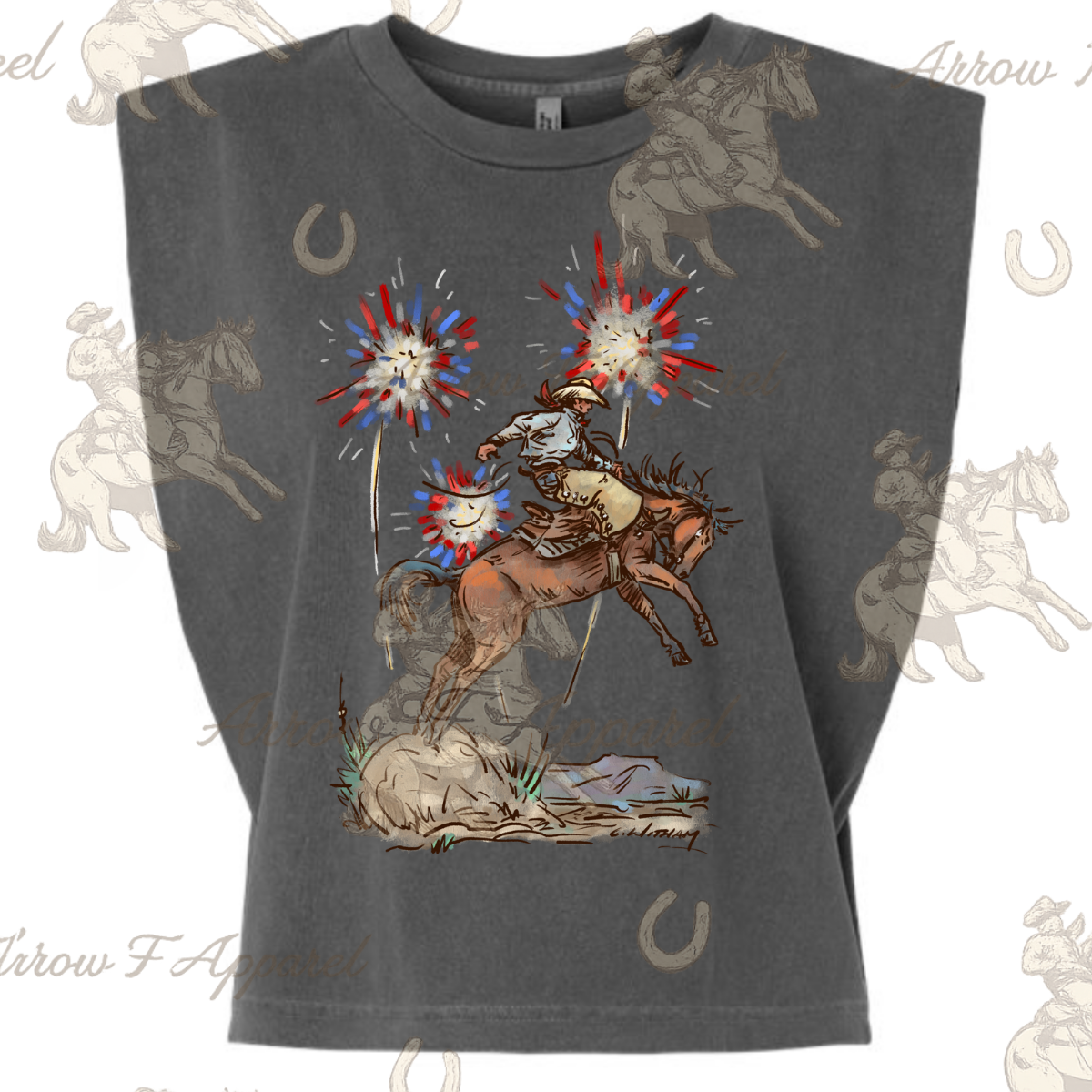 Fireworks Bronc Rider| Western Graphic Muscle Tank (Faded Brown)
