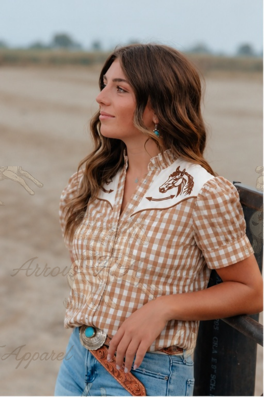 Horse Smiley Blouse Gingham Stripes | TFP2710