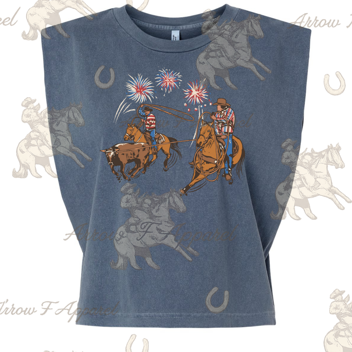 Patriotic Team Ropers| Western Graphic Muscle Tank (Faded Navy)