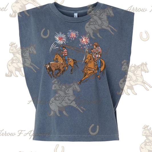 Patriotic Team Ropers| Western Graphic Muscle Tank (Faded Navy)