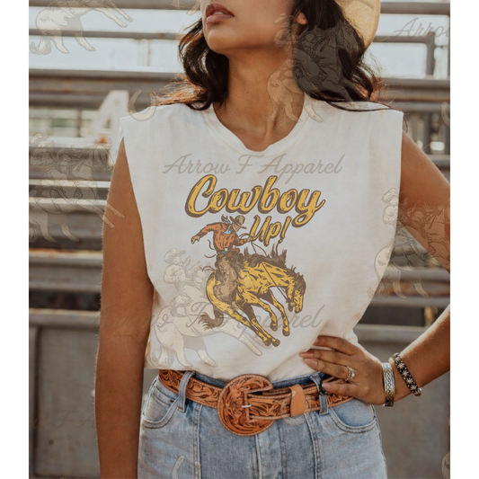 Cowboy Up| Western Graphic Muscle Tank (Faded Cream)