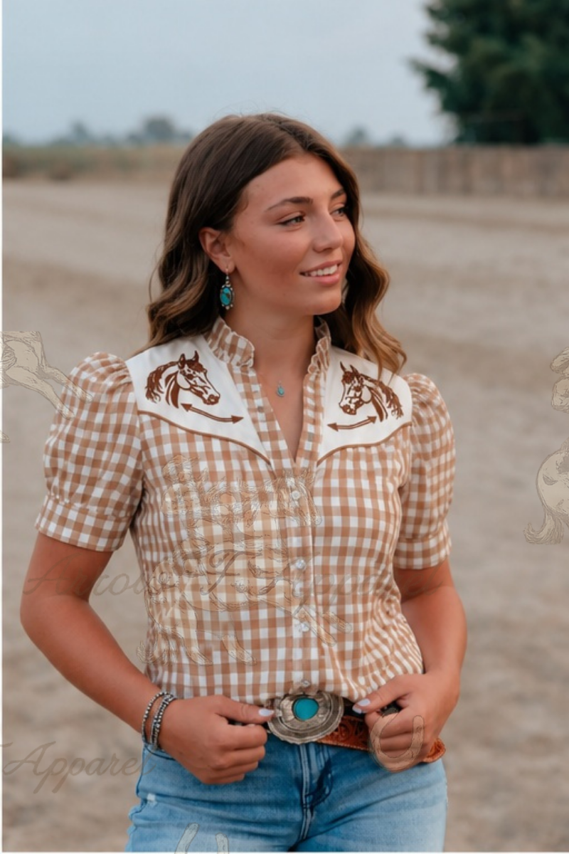 Horse Smiley Blouse Gingham Stripes | TFP2710