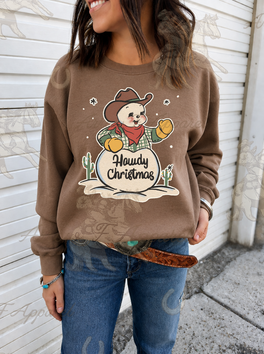 Howdy Christmas Snowman Sweatshirt or Tee(Brown Savanna)