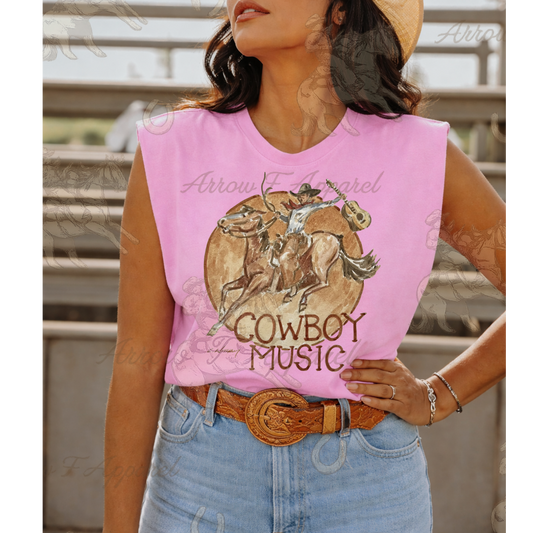 Cowboy Music| Western Graphic Muscle Tank (Faded Pink)
