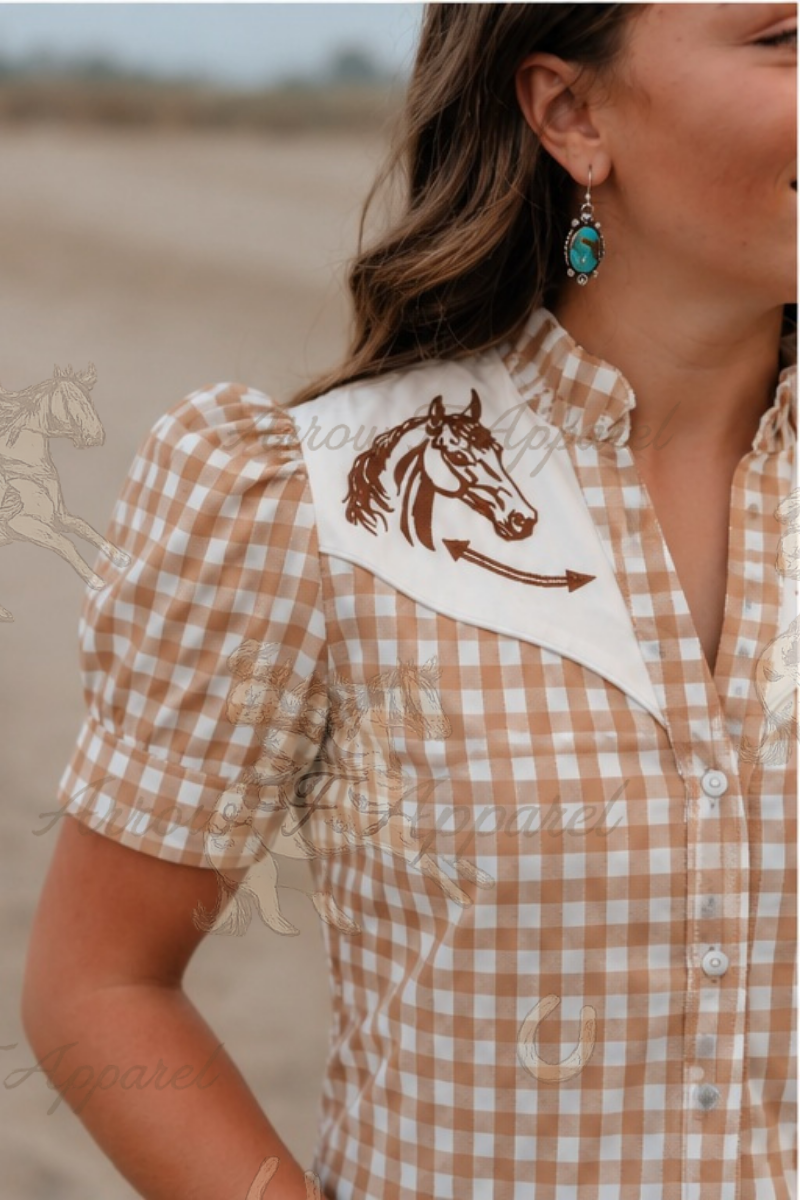 Horse Smiley Blouse Gingham Stripes | TFP2710