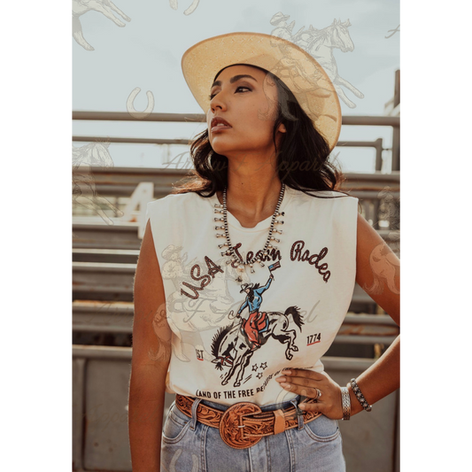 USA Team Rodeo| Western Graphic Muscle Tank (Faded Cream)