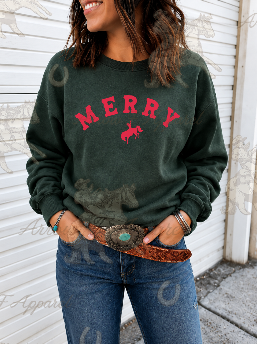 Merry Western Sweatshirt or Tee(Forest Green)