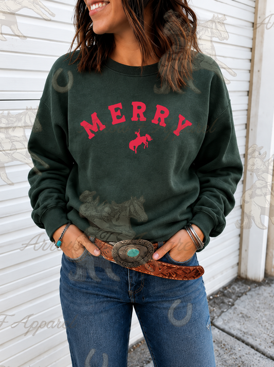 Merry Western Sweatshirt or Tee(Forest Green)