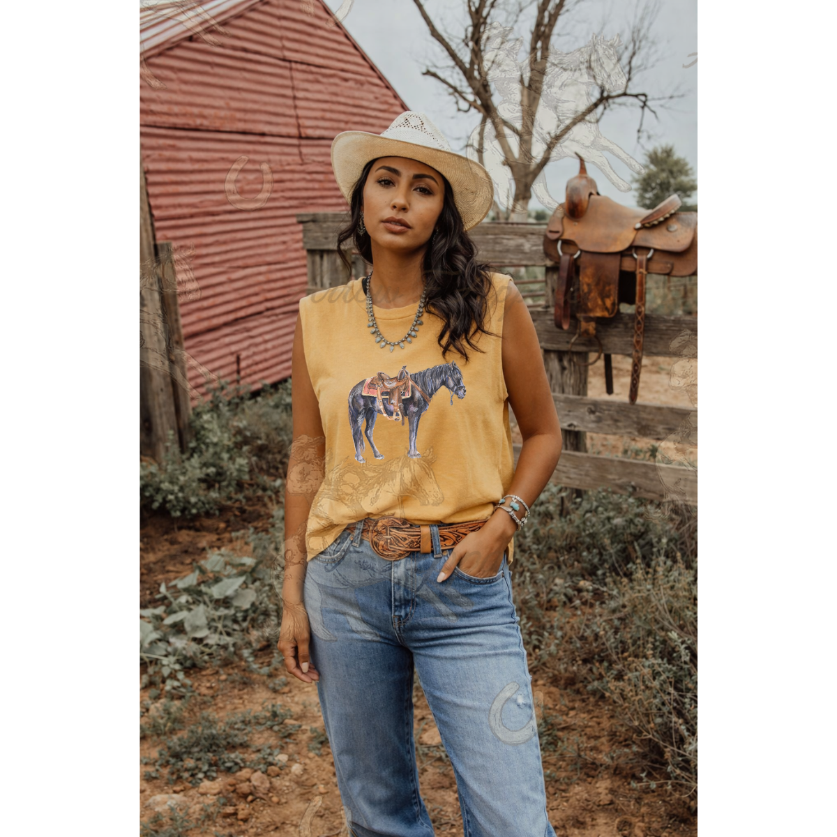 Blackjack| Western Graphic Muscle Tank (Faded Mustard)