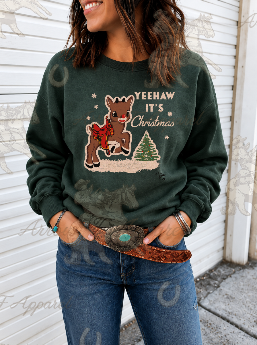 Reindeer Christmas Sweatshirt or Tee(Forest Green)