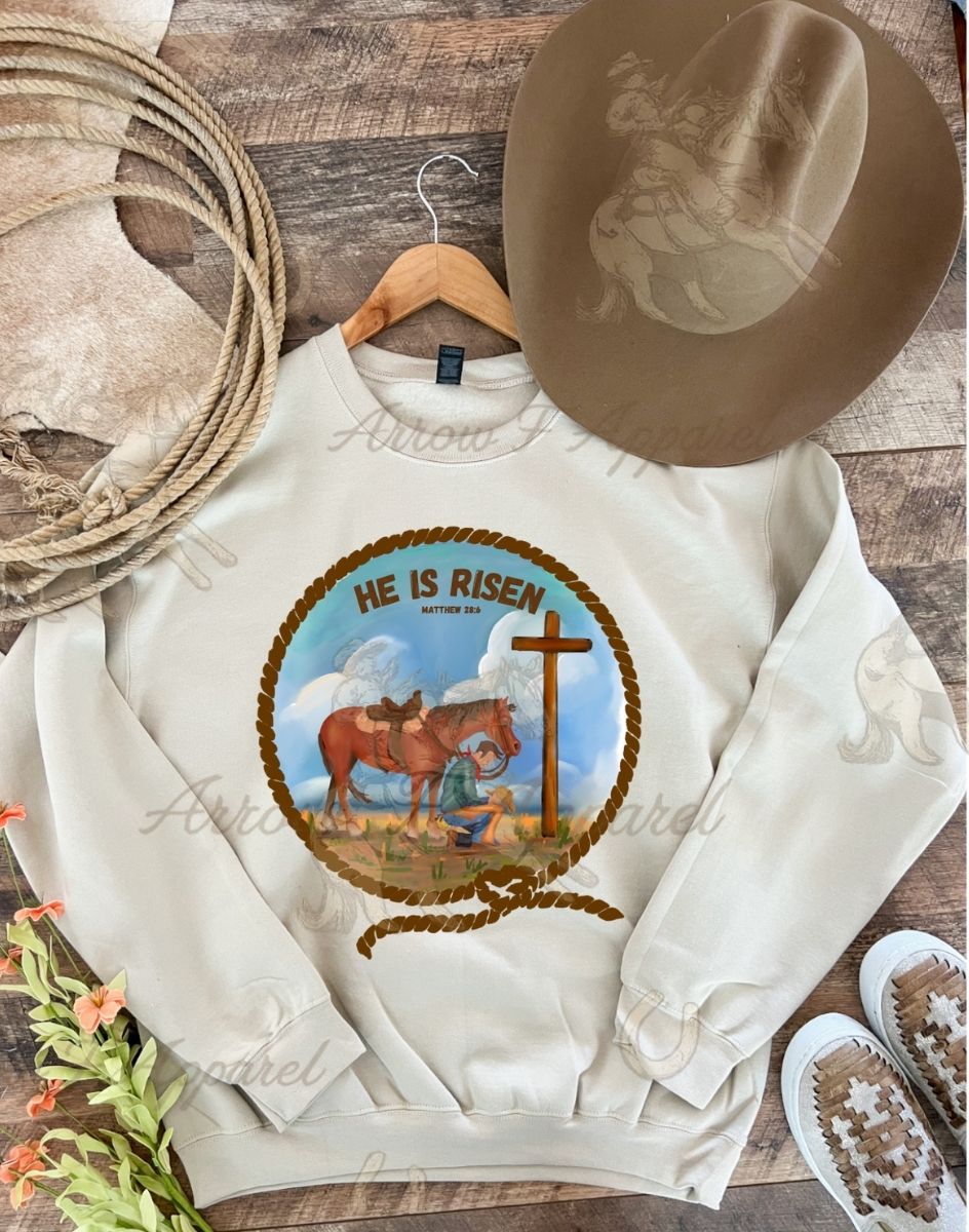 He is Risen| Western Graphic Tee or Sweatshirt (Sand)
