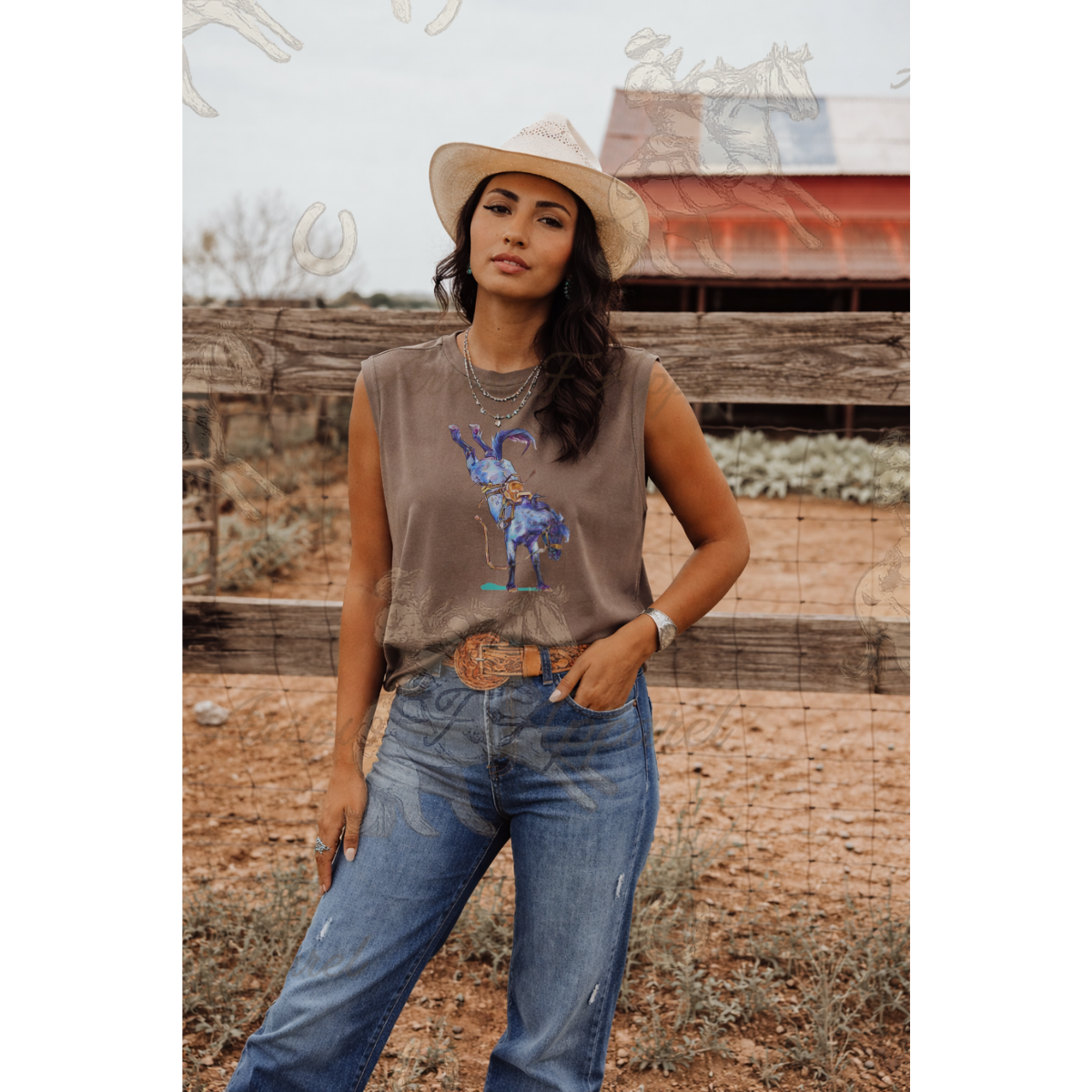 Blue Outlaw| Western Graphic Muscle Tank (Faded Brown)