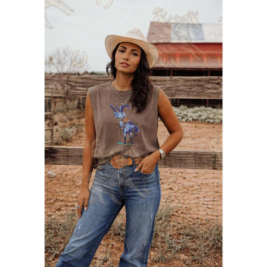 Blue Outlaw| Western Graphic Muscle Tank (Faded Brown)