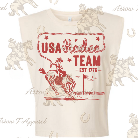 USA Rodeo Team Red | Western Graphic Muscle Tank (Faded Cream)