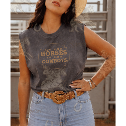 Good Taste in Horses| Western Graphic Muscle Tank (Faded Black)