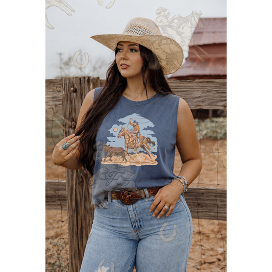 High Desert Calf Roper| Western Graphic Muscle Tank (Faded Navy)