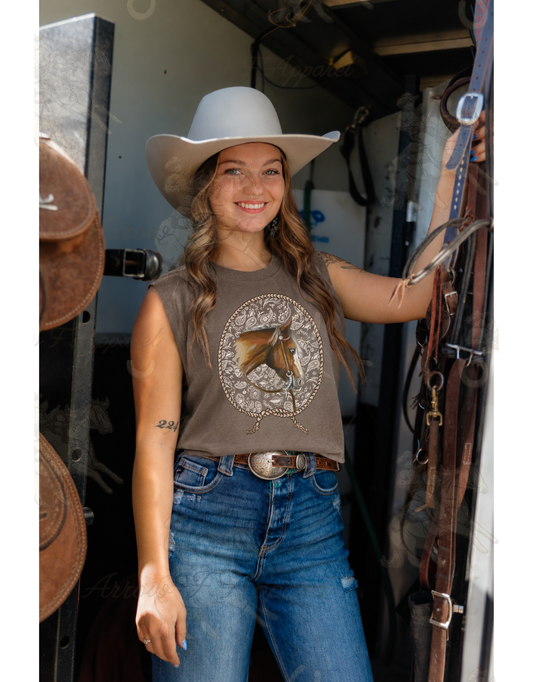 Fallen For Fall Simple Horse| Western Graphic Muscle Tank (Faded Brown)