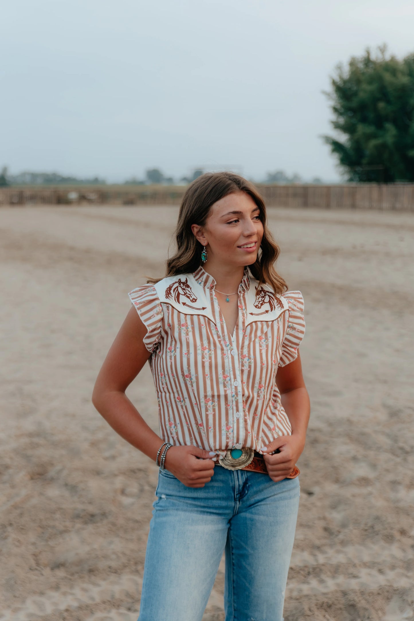 Horse Smiley Blouse || Brown Floral Stripes