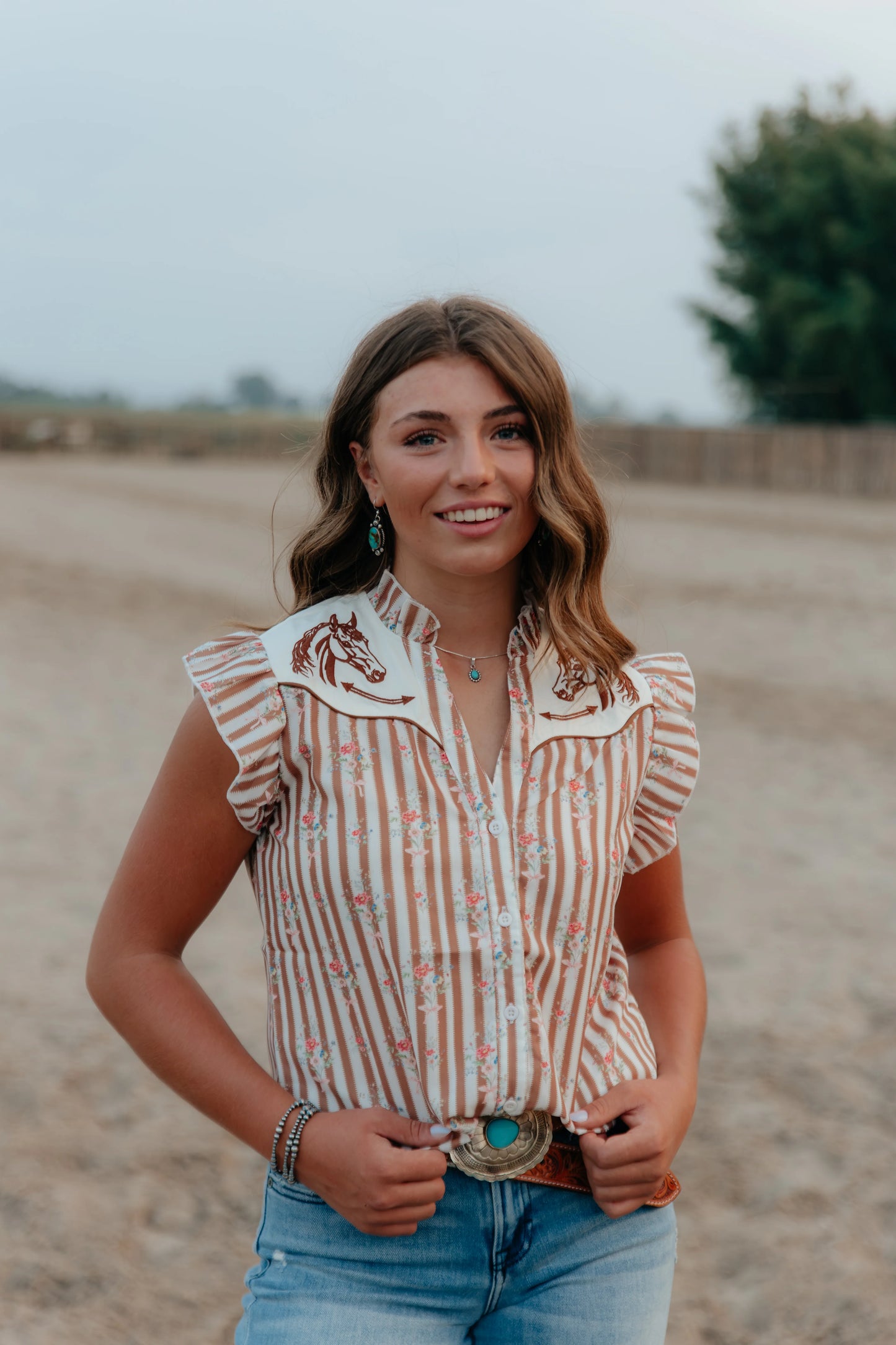 Horse Smiley Blouse || Brown Floral Stripes