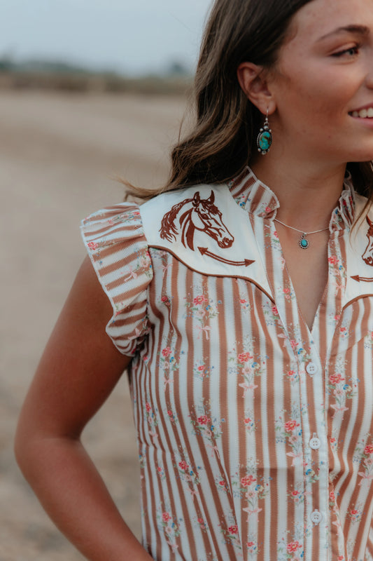 Horse Smiley Blouse || Brown Floral Stripes