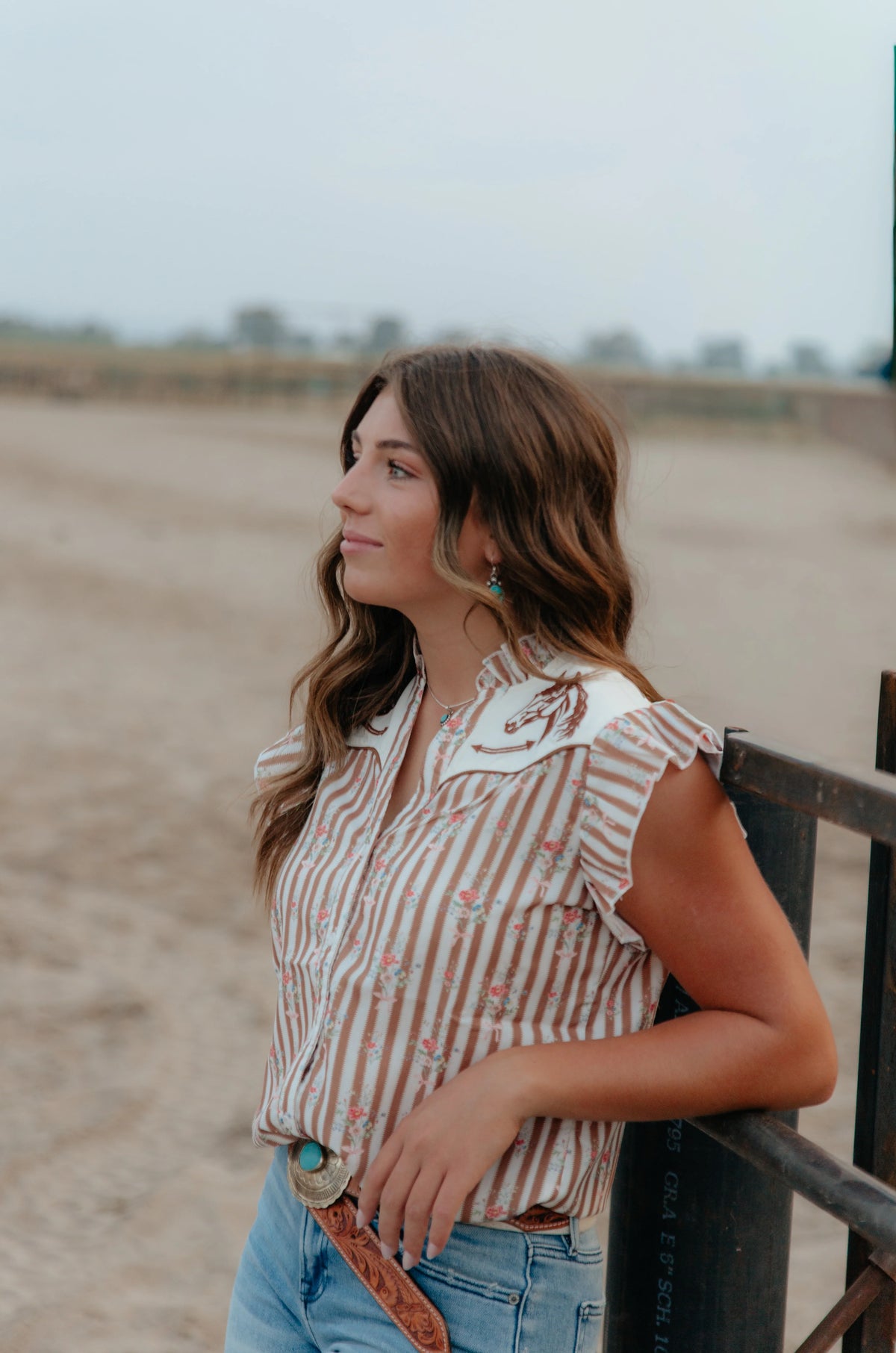 Horse Smiley Blouse || Brown Floral Stripes