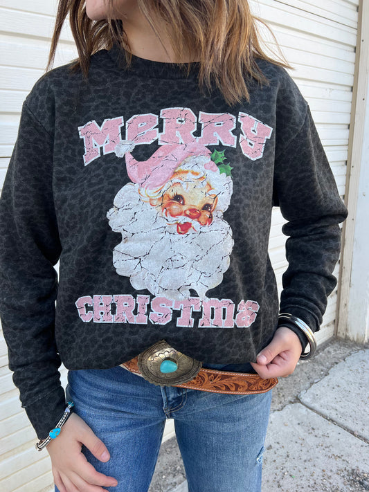 Merry Christmas Distressed Sweatshirt or Tee (Blk Leopard)