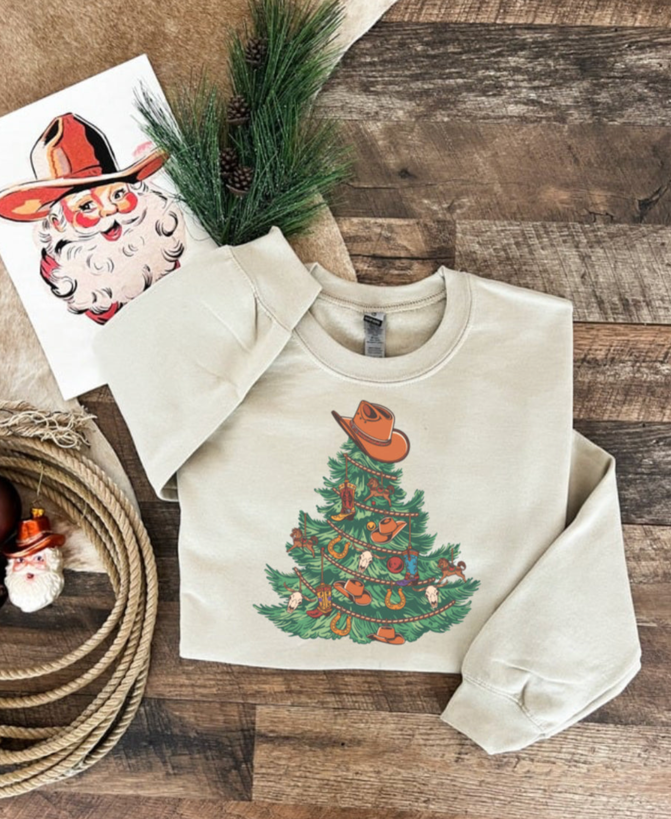 Cowboy Christmas Tree Sweatshirt or Tee(Sand)