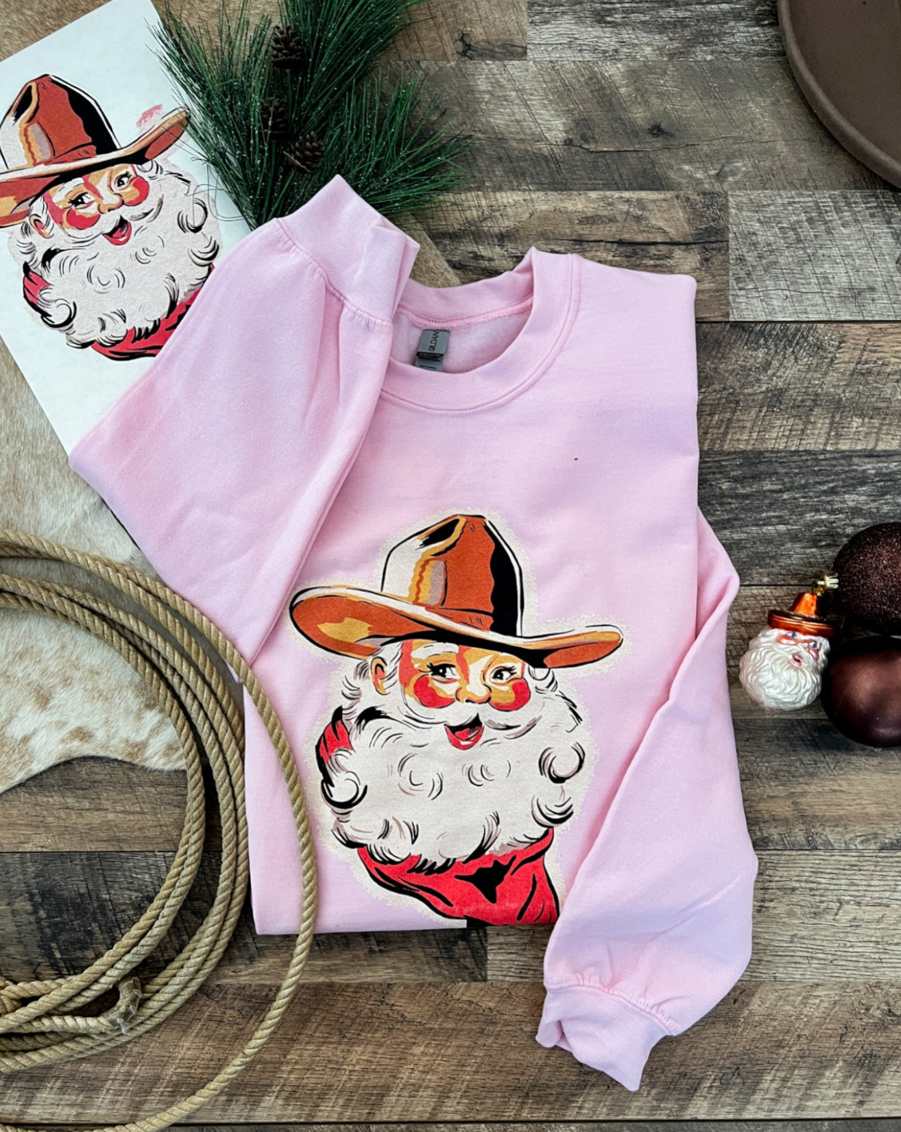 Cowboy Santa Sweatshirt or Tee(Pink)