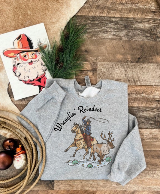 Wranglin Reindeer Sweatshirt or Tee (Heather Grey)