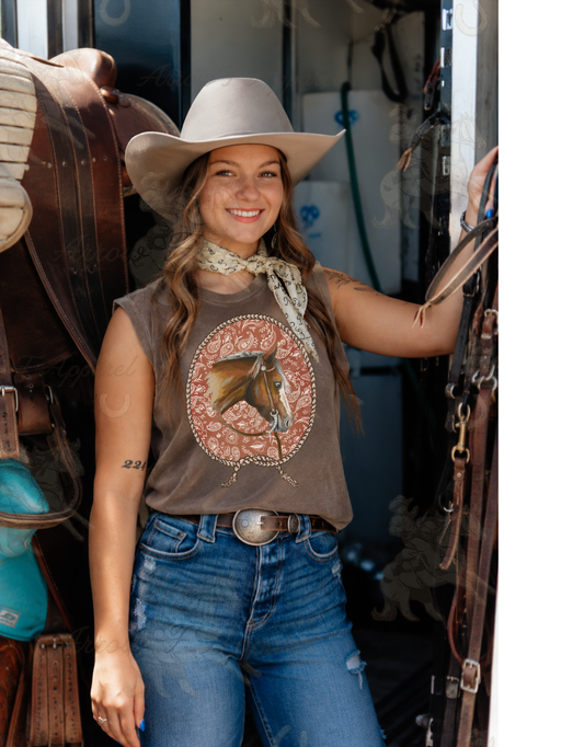 Fallen For Fall Paisley Horse| Western Graphic Muscle Tank (Faded Brown)