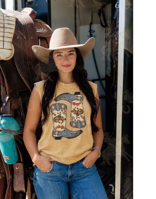 Bronc Pumpkin Boots| Western Graphic Muscle Tank (Faded Mustard)